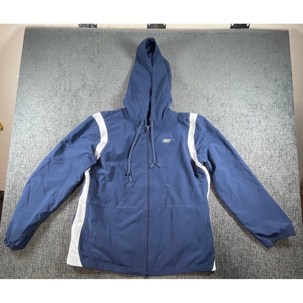 Reebok Mens Navy Blue White Hooded Full Zip Windbreaker Jacket Large RN 69421